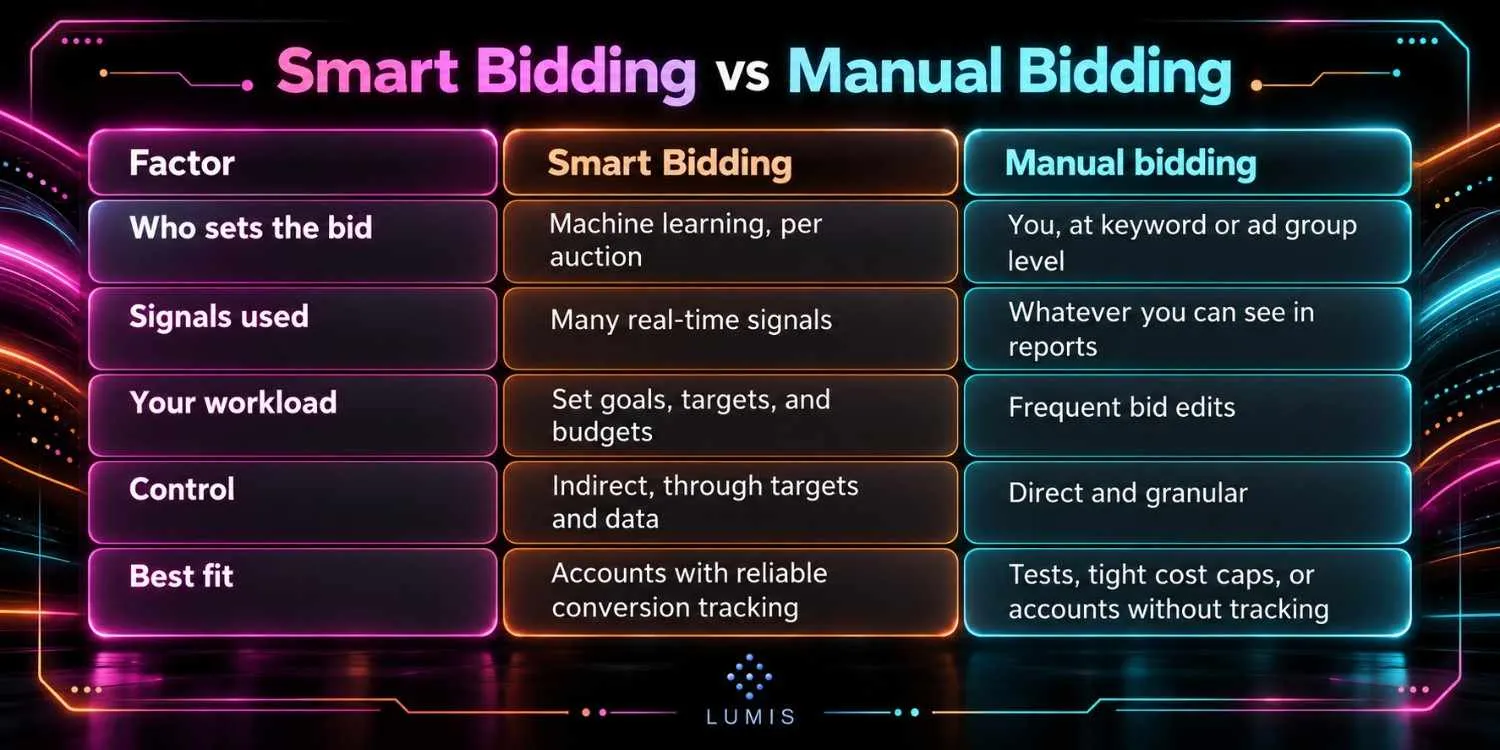Smart bidding vs manual bidding comparison table